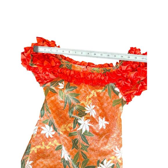 T&L Muumuu Factory Orange Puff Sleeve Vintage Hawaiian Aloha Dress Floral Ruffle - Picture 7 of 13